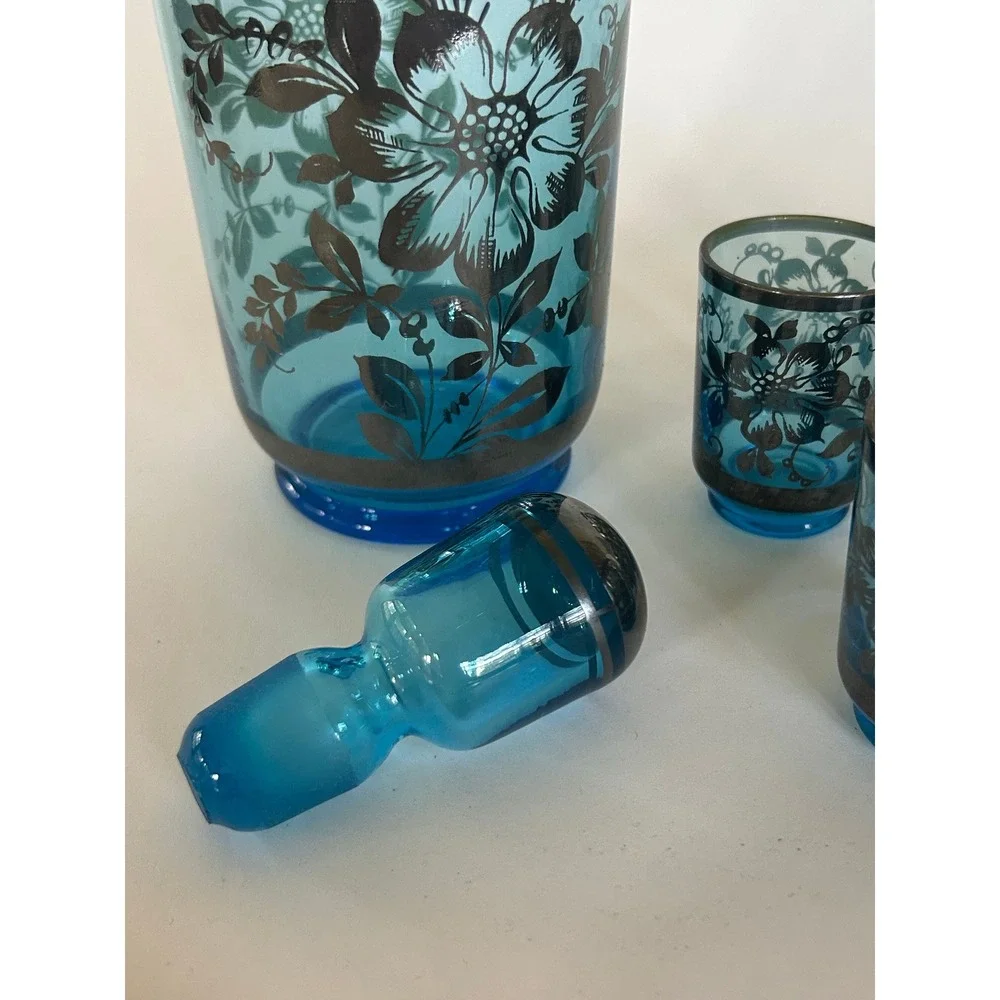 Vintage Murano Blue Art Glass Decanter 6 Shot Glasses Set Floral MCM